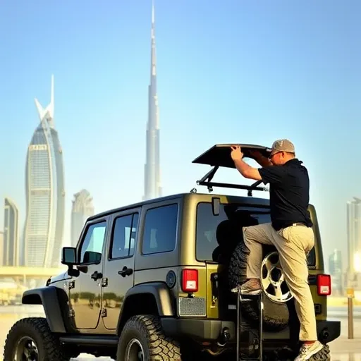 A technician installing a custom spoiler on a Jeep in Dubai, with the city's skyline in the background, highlighting the blend of urban and off-road elements.