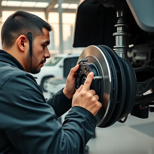 A mechanic in Dubai replacing brake pads on a Jeep, featuring modern tools and the city's skyline in the background.