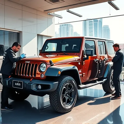 A professionally detailed Jeep inside a car spa in Dubai, surrounded by modern architecture and detailers at work, highlighting the luxury of car care services.