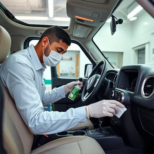 A technician sanitizing the interior of a Jeep in a workshop in Dubai, highlighting the use of disinfectants on surfaces for car sanitization and disinfection.