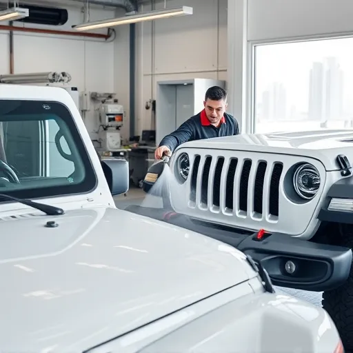 A technician steam cleaning a Jeep in a workshop in Dubai, highlighting the process of sanitization with modern cleaning equipment.