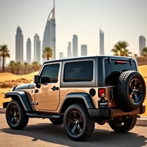 A stylish Jeep with dark tinted windows set against the vibrant skyline of Dubai, highlighting the benefits of professional window tinting services.