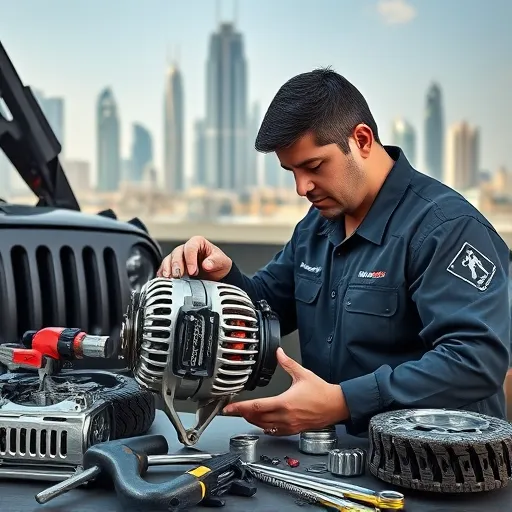 A mechanic working on a Jeep alternator replacement in Dubai, with various tools and the Dubai skyline visible behind.