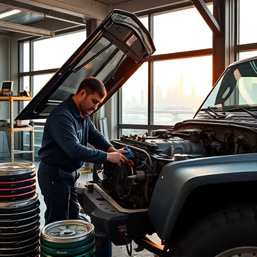 A mechanic working on a Jeep engine oil flush in a garage, with the Dubai skyline in the background.