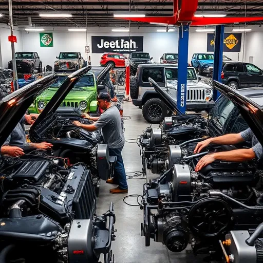 A comprehensive view of Auto Expert Workshop Dubai, illustrating expert technicians performing various engine services for Jeep vehicles, emphasizing quality and professionalism.