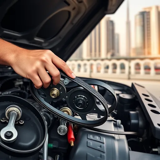 A mechanic replacing a timing belt in a Jeep, with the Dubai skyline in the background, showcasing the intricate details of the engine components and tools.