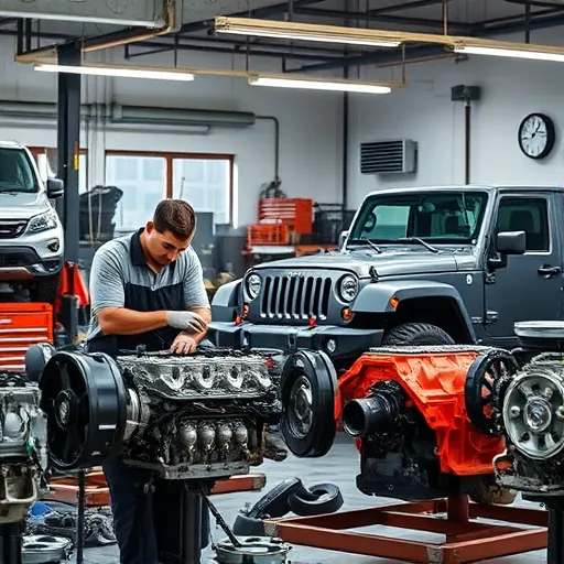 A mechanic in Dubai installing a used Jeep engine in a modern auto repair shop, with various Jeep engines visible and tools organized around the workspace.