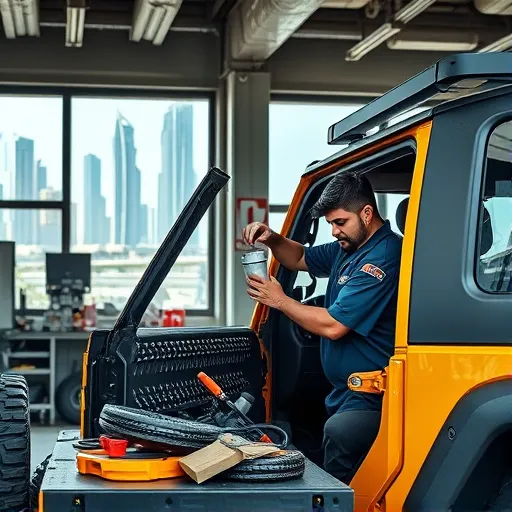 A mechanic working on a Jeep's fuel filter in a Dubai auto shop, with city skyscrapers in the background.