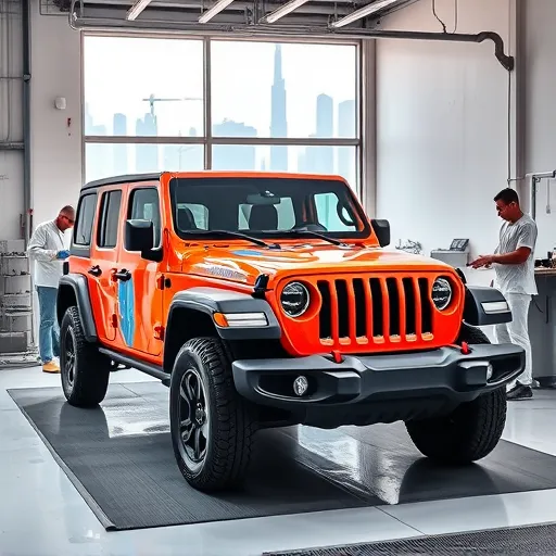 A Jeep being painted with bright colors in a professional auto body shop in Dubai, showcasing skilled painters at work and the Dubai skyline in the background.