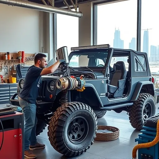 A mechanic installing a turbo kit on a Jeep in a Dubai workshop, showcasing the process of custom tuning with a city skyline in the background.