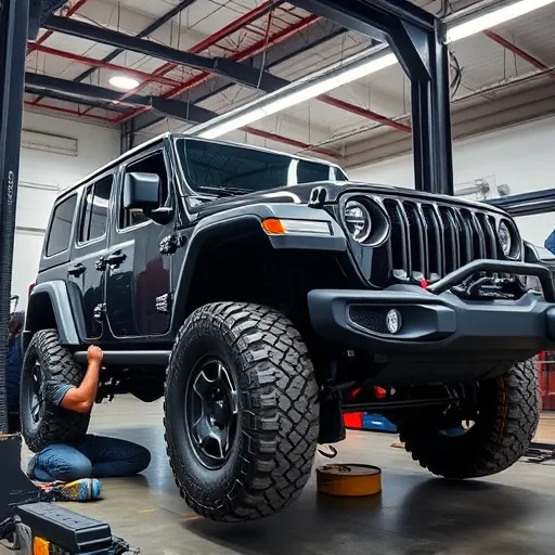 A Jeep undergoing suspension service at Auto Expert Workshop Dubai, demonstrating professional mechanics performing alignment, repair, and maintenance.