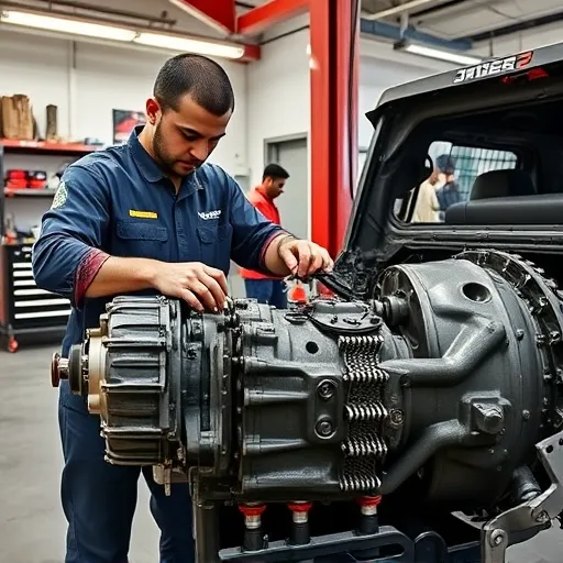 A mechanic repairing an automatic gearbox of a Jeep in a Dubai auto repair shop, surrounded by tools and parts.