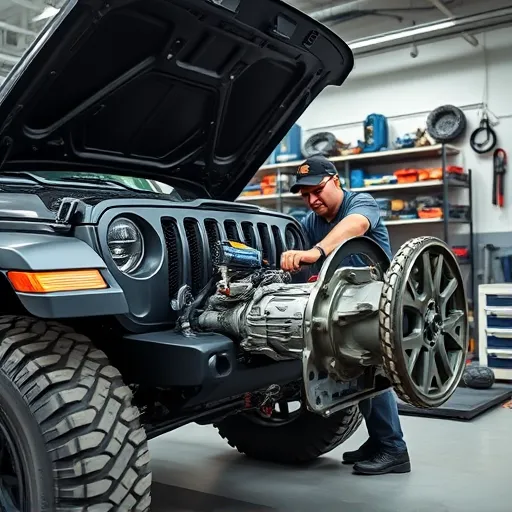 Expert Jeep Transmission Services with a technician repairing an automatic gearbox in a modern workshop.