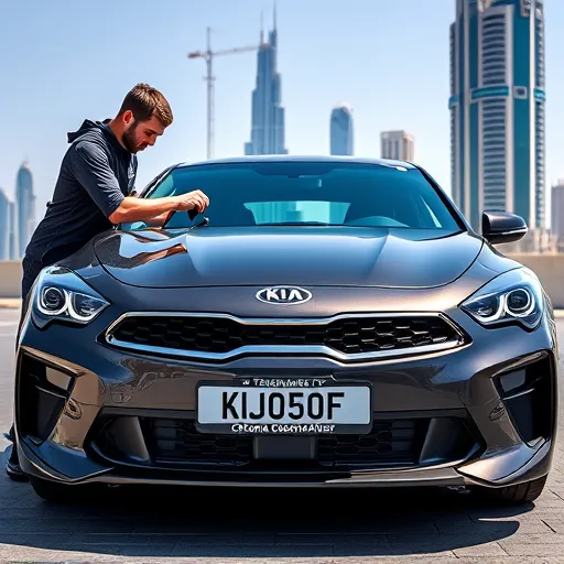 A technician carefully installing a custom license plate frame on a Kia vehicle in Dubai, surrounded by urban architecture.