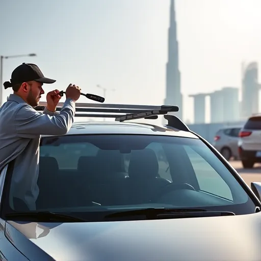 A technician installing a roof rack on a Kia vehicle in Dubai, with the Burj Khalifa visible in the background, showcasing a sunny day and professional tools.