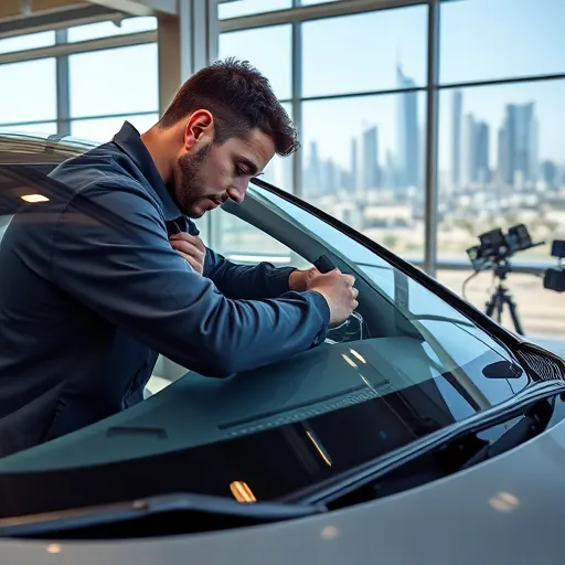 A technician in Dubai carefully repairing a windscreen in a bright and modern workshop, with city buildings visible through the window.