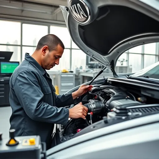 A mechanic servicing a Kia ignition system in a Dubai workshop, featuring advanced tools and a view of the Dubai skyline.