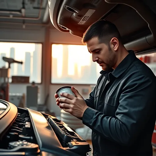 A mechanic replacing a Kia fuel filter in a Dubai auto repair shop, surrounded by tools and parts, with the city's skyline in the background.