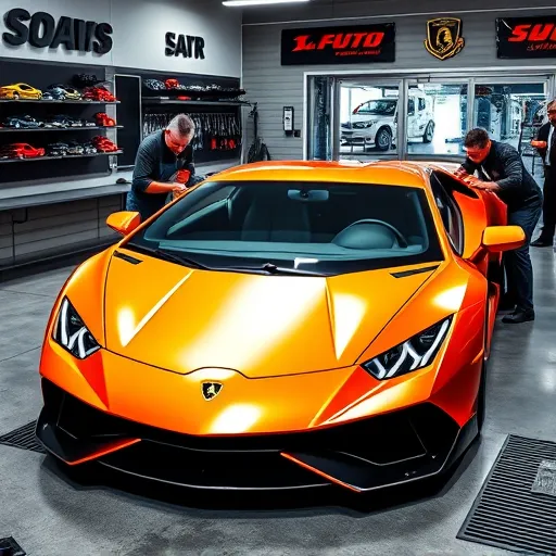 A Lamborghini being repaired for hail damage in a luxury auto repair shop in Dubai, with technicians focusing on dent removal.