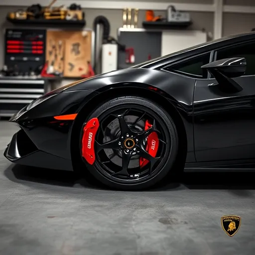 A customized Lamborghini with vibrant red brake calipers in an automotive workshop, showcasing the brake caliper painting and styling service in Dubai.