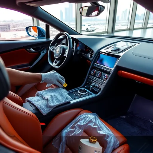 A professional cleaning service performing deep cleaning and detailing on a Lamborghini interior, featuring pristine leather seats and a polished dashboard, set in a luxurious detailing studio in Dubai.