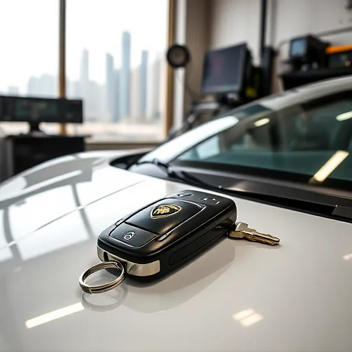 A close-up of a Lamborghini car key on a polished surface, with advanced programming tools in a Dubai workshop, showcasing luxury and automotive technology.