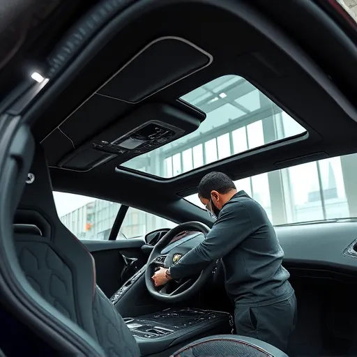 A technician working on a Lamborghini headliner repair inside a modern workshop in Dubai, highlighting the luxury car's interior and the tools used for the service.