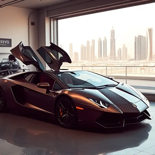 A mechanic changing the 5W30 engine oil of a Lamborghini in a sleek Dubai garage, with the city's skyline visible in the background.