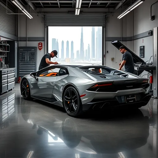 A Lamborghini being serviced by a mechanic in a modern garage in Dubai, with the city skyline in the background.