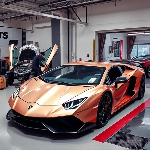 A mechanic conducting a differential oil change on a Lamborghini in a modern service garage in Dubai, highlighting the car's luxury features and the meticulous attention to detail in the service.