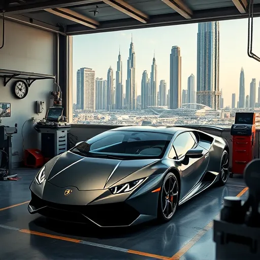 A Lamborghini in a stylish Dubai garage with automotive tools for an oil change, set against the backdrop of Dubai's skyline.