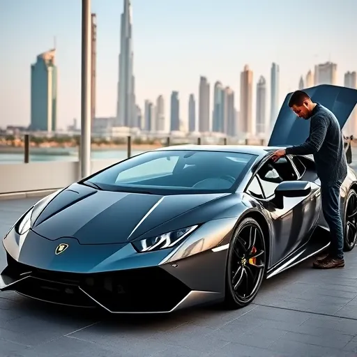 A mechanic replacing the oil filter of a Lamborghini in Dubai, showcasing the car's luxury and the city's skyline in the background.