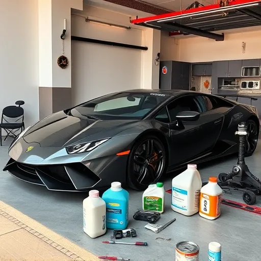 A mechanic changing the power steering fluid of a Lamborghini in a Dubai garage, surrounded by tools and fluid containers, highlighting luxury car maintenance.