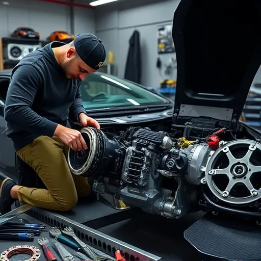A mechanic working on a Lamborghini in a Dubai workshop, focusing on clutch replacement and gearbox check, with tools and parts visible.