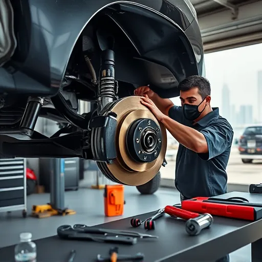 A mechanic performing brake pad replacement on a Toyota Land Cruiser in a Dubai garage, showcasing automotive tools and the Dubai skyline in the background.