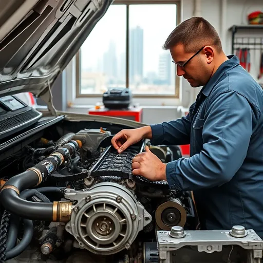 A skilled mechanic replacing the timing belt on a Toyota Land Cruiser in a workshop in Dubai, with tools and parts visible, and the skyline of Dubai in the background.