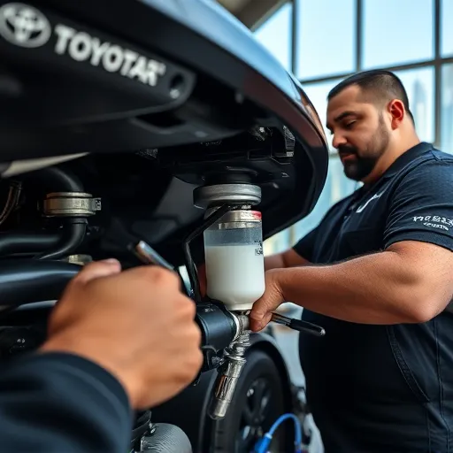 A technician working on a Toyota Land Cruiser, replacing the fuel pump in a Dubai automotive service center, showcasing the fuel pump and tools.
