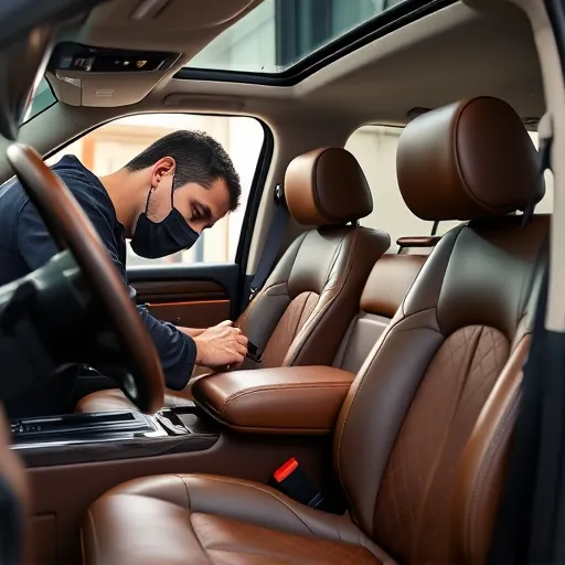 A technician repairing leather upholstery in a Land Cruiser, highlighting the luxurious interior and quality craftsmanship in a Dubai workshop.