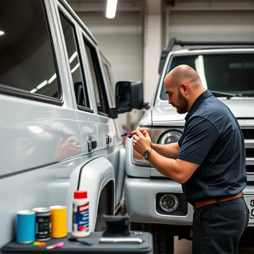 A technician performing scratch repair and paint touch-up on a Land Cruiser in a Dubai workshop, highlighting the meticulous process of car restoration.