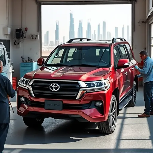 Toyota Land Cruiser in a Dubai workshop, with painters applying full body paint, highlighting luxury and craftsmanship amidst a modern urban backdrop.