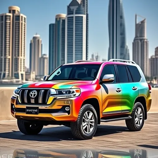 A Toyota Land Cruiser featuring a vibrant peelable paint finish, set against a modern Dubai skyline, showcasing the vehicle's custom coating and unique colors.