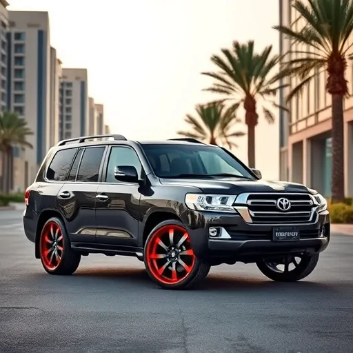 A Land Cruiser with custom color-coated rims parked in Dubai, surrounded by modern architecture and palm trees.