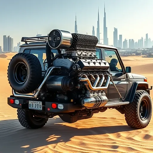 A modified Land Cruiser with a 2JZ engine swap, set against the backdrop of Dubai's skyline, highlighting the vehicle's unique features and tuning.