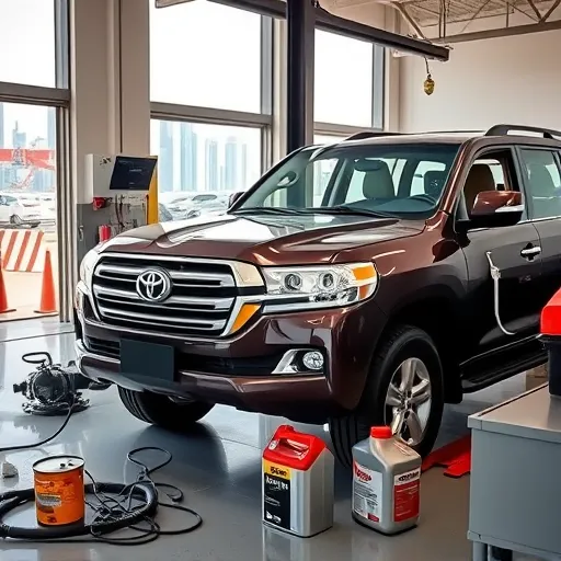 A mechanic changing the gearbox oil of a Toyota Land Cruiser in a Dubai auto service center, showcasing tools and the city skyline in the background.