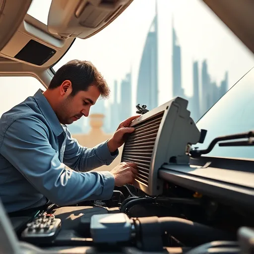 A service technician repairing a Land Rover AC condenser in Dubai with the city's skyline visible in the background.