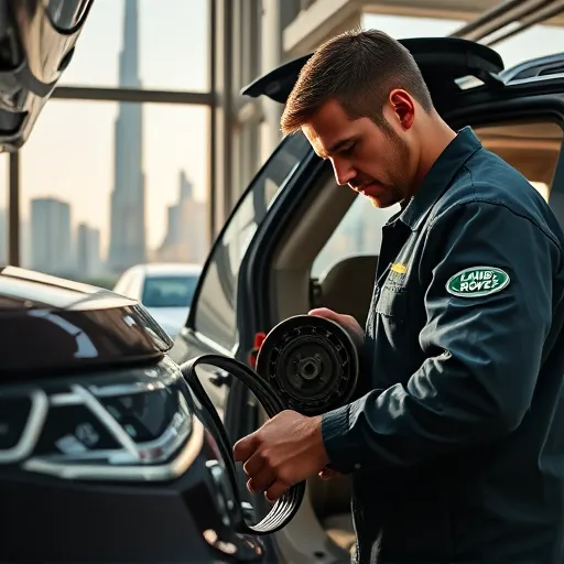Technician replacing the timing belt on a Land Rover with the Dubai skyline in the background, showcasing a professional automotive repair setting.