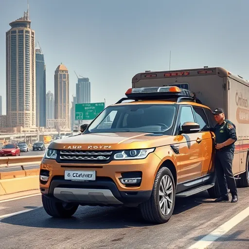 A Land Rover is being assisted on a busy Dubai road by a branded recovery truck and uniformed service team, with skyscrapers and a desert landscape in the background.