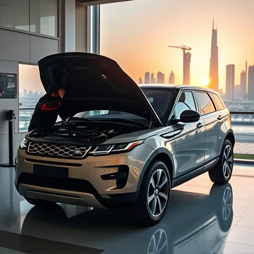 A Land Rover undergoing an engine oil change and filter service in a modern Dubai service center with the city's skyline in the background.