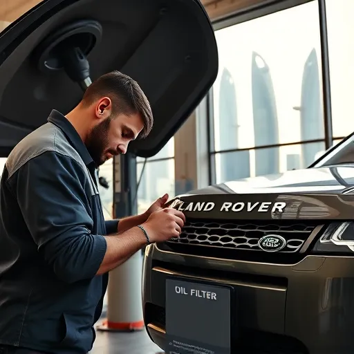 Mechanic replacing the oil filter of a Land Rover in a modern Dubai service center with skyscrapers in the background.