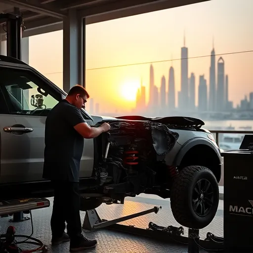 Technician repairing and replacing a Land Rover's suspension in a contemporary Dubai workshop, with the city skyline in the background.